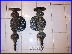Pair Of Vintage 16 Inch Heavy Metal Medieval Gothic Wall Mount Candle Holders