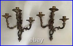 Pair Of Vintage Brass French Design Mid Century Three Armed Candle Sconces