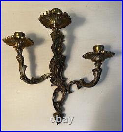 Pair Of Vintage Brass French Design Mid Century Three Armed Candle Sconces