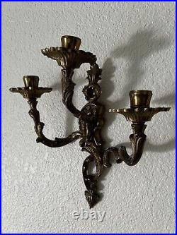 Pair Of Vintage Brass French Design Mid Century Three Armed Candle Sconces