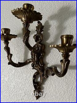 Pair Of Vintage Brass French Design Mid Century Three Armed Candle Sconces