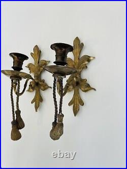 Pair Of Vintage Brass Sconces Tassels French ornate Hanging Candle Holder