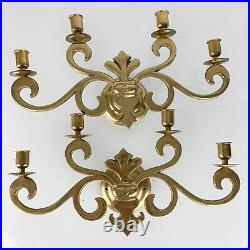Pair Of Vintage Brass Wall Sconce 4 Candle Holders Fleur De Lis Scroll Hangings