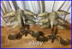 Pair Of Vintage Large Brass Leaf Design Wall Sconce 2 Arm Candle Holders 20Tall