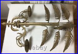 Pair Of Vintage Large Brass Leaf Design Wall Sconce 2 Arm Candle Holders 20Tall