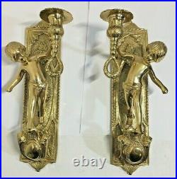 Pair Of Vintage Solid Brass Cherub Wall Sconce Candle Holders, Free Shipping