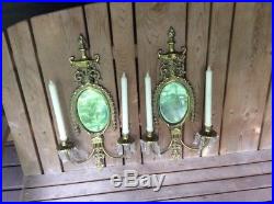 Pair Of Vintage Very Heavy Brass Wall Candle Holder Sconce Fixtures With Prisms