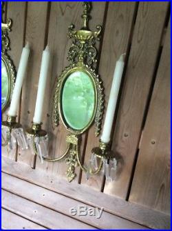 Pair Of Vintage Very Heavy Brass Wall Candle Holder Sconce Fixtures With Prisms