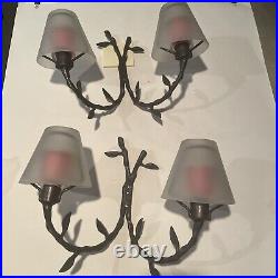 Pair Of Wrought Iron Wall Candle Holders, Includes Glass Shades And Candles