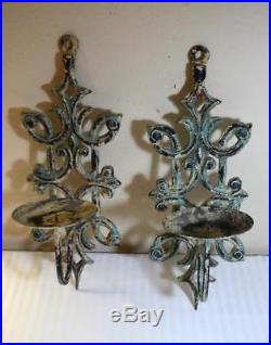 Pair Ornate Cast Iron Wall Candle Holders Sconces with Patina