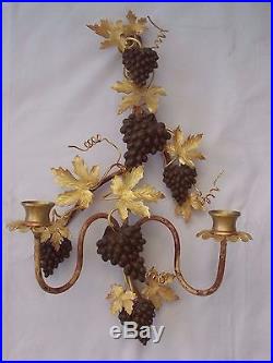 Pair Petites Choses Vintage Candle Wall Sconces- Sculptural Gold Metal, Grapes