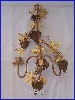 Pair Petites Choses Vintage Candle Wall Sconces- Sculptural Gold Metal, Grapes