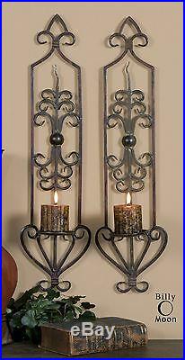 Pair Privas Farmhouse XXL 30 Aged Forged Metal Wall Sconce Candle Holders