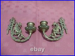 Pair Rare Antique Griffin / Dragon Brass Wall / Piano Candle Holders