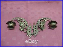 Pair Rare Antique Griffin / Dragon Brass Wall / Piano Candle Holders