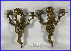 Pair Sconces Candle Holders Brass Metal Wall Mounted Movable Leaf Stem Design