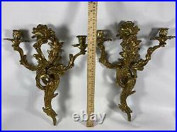 Pair Sconces Candle Holders Brass Metal Wall Mounted Movable Leaf Stem Design