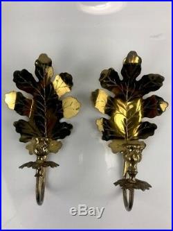 Pair Set 2 Large Hollywood Regency Golden Brass Sconce Leaf Wall Candle Holders