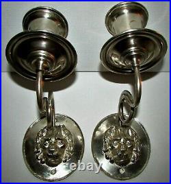 Pair / Set 2 Vintage or Antique Silver Plated Lion's Head Candle Wall Sconces