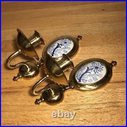 Pair Set DELFT HOLLAND Brass PORCELAIN BLUE WHITE Sconces Candle Wall Hanging