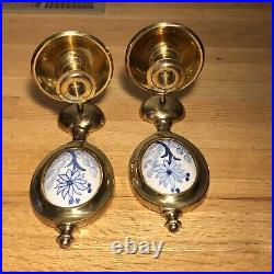 Pair Set DELFT HOLLAND Brass PORCELAIN BLUE WHITE Sconces Candle Wall Hanging