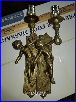 Pair -Set of 2- ANGEL CHERUB Solid Brass Antique Wall Sconces Candle Holders