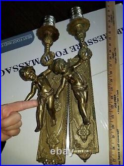 Pair -Set of 2- ANGEL CHERUB Solid Brass Antique Wall Sconces Candle Holders