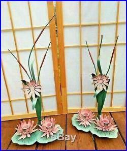 Pair Tole Metal Pink Water Lily Lilies Flower Floral Candle Holder Wall Sconce