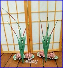 Pair Tole Metal Pink Water Lily Lilies Flower Floral Candle Holder Wall Sconce