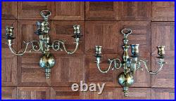 (Pair) VINTAGE BRASS WALL TRIPLE-ARM CANDELABRA candle holders sconces