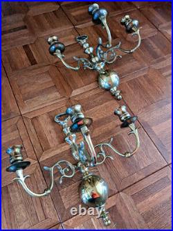 (Pair) VINTAGE BRASS WALL TRIPLE-ARM CANDELABRA candle holders sconces