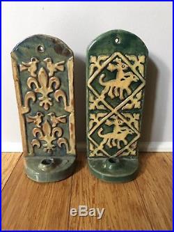 Pair VINTAGE Moravian Mercer Pottery Art Tile Wall Sconce Candle Holders Doves