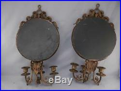 Pair Victorian Bronze or Brass Antique c1880 Round Wall Mirrors & Candle Sconces