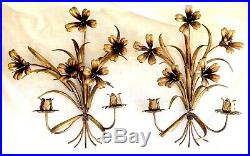 Pair Vintage 2 Candle Floral Gold Tole Wall Sconces Italy, Hollywood Regency