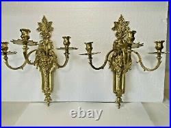 Pair Vintage Brass Candle Holder 3 Arm Wall Sconces Figural 16