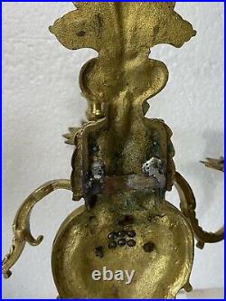 Pair Vintage Brass Candle Holder 3 Arm Wall Sconces Figural 16
