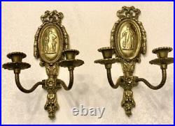 Pair Vintage Brass Double Arm Candle Holders Wall Sconces Colonial