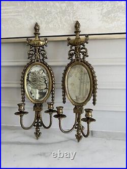 Pair Vintage Brass Pagoda Style Mirrored Wall Double Candle Sconce 24 X 7