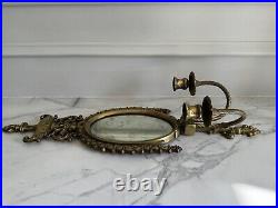 Pair Vintage Brass Pagoda Style Mirrored Wall Double Candle Sconce 24 X 7