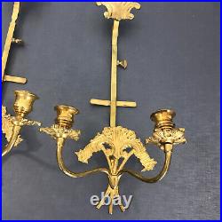 Pair Vintage Brass Plate 2 Arm Candle Holders Candelabra Wall Sconces Granny Cor