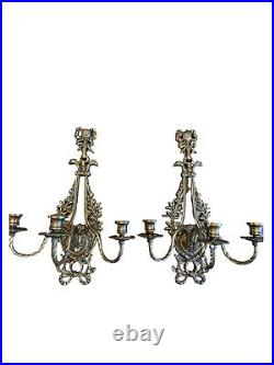 Pair Vintage Brass Wall 3-Arm Candle Holder Candelabra Wall Sconces Pheasants