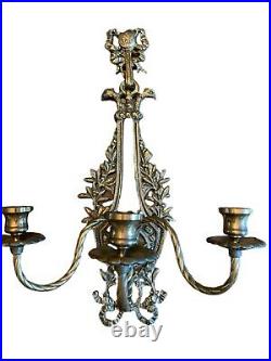 Pair Vintage Brass Wall 3-Arm Candle Holder Candelabra Wall Sconces Pheasants