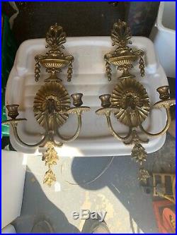 Pair Vintage Brass/bronze Wall Sconces Candle Holders Ornate Approximately 18