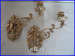 Pair Vintage Decorative Large Brass Candlestick Holders Wall Sconce Candle