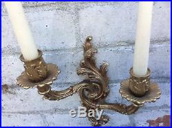 Pair Vintage Double French Regency Bronze Wall Candle Holder Sconce Gold Rococo