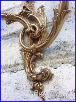 Pair Vintage Double French Regency Bronze Wall Candle Holder Sconce Gold Rococo