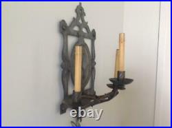 Pair Vintage English Metal Wall Sconces Armorial Design Recently Rewired