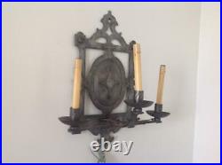 Pair Vintage English Metal Wall Sconces Armorial Design Recently Rewired