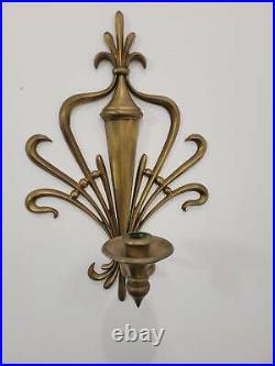 Pair Vintage French Heavy Brass Wall Sconce Dual Arm Candle Holders Gold