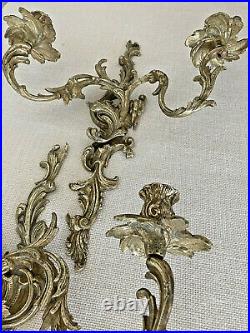 Pair Vintage French Rococo Style 2 Arm Brass Candle Wall Sconces Regency